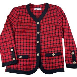 Vintage Pablo Collection Plaid Knit Blazer Womens 10 Red Black Gold Buttons USA